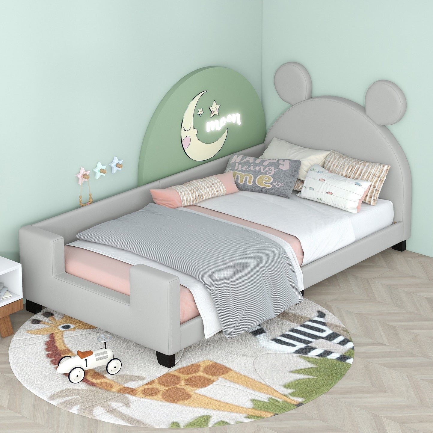 Twin Size Upholstered Daybed, Bed Frame with Carton Ears Shaped Headboard, Twin Daybed Frame Sofa Bed, Easy to Assemble, No Box Spring Needed, Bedframe for Kid's Room Bedroom Living Room