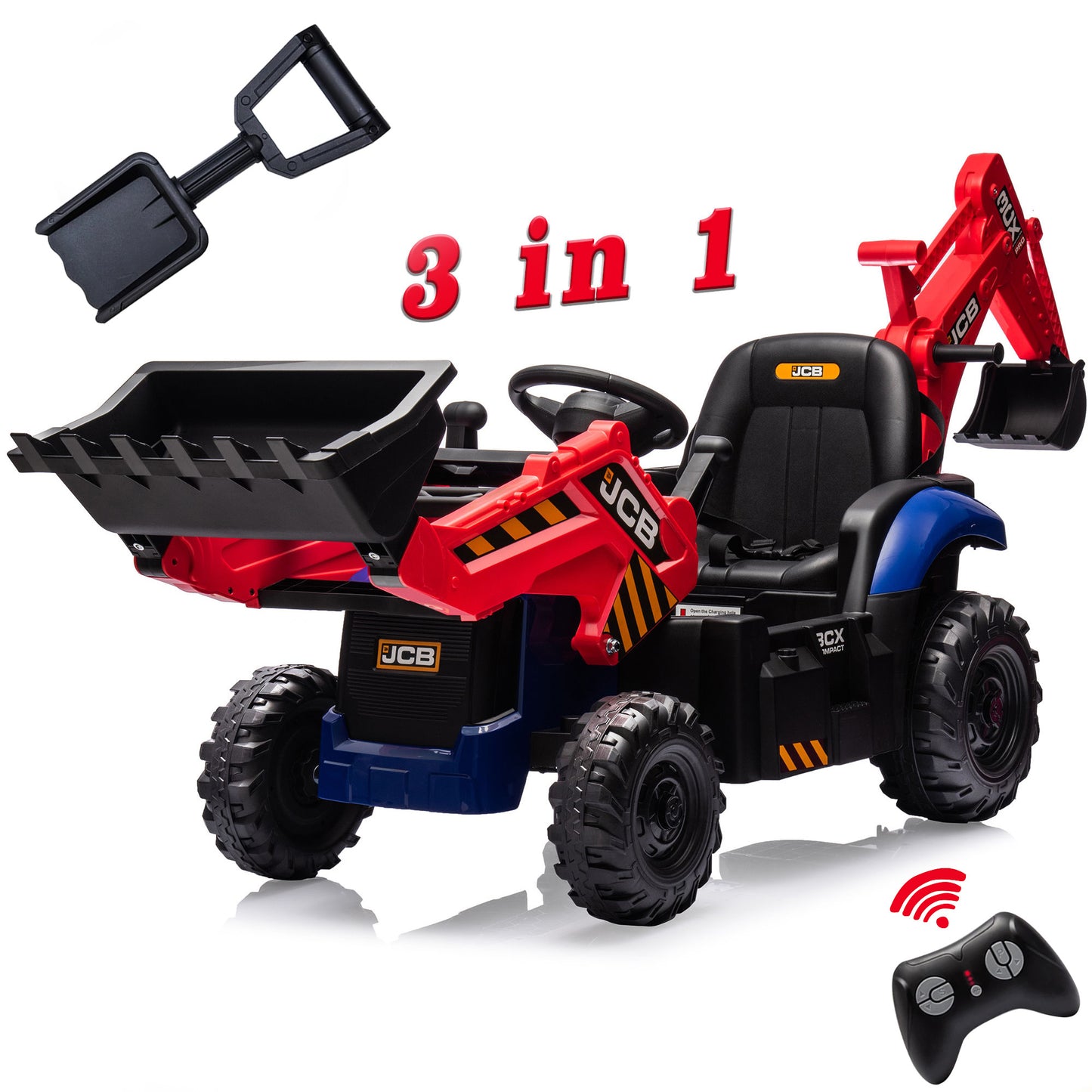 JCB Excavator Ride On & Bulldozer, 24V Battery Powered Construction Vehicles for Kids with Remote Control and Front Loader, Music Player, Backhoe Loader Ride-On Large Digger