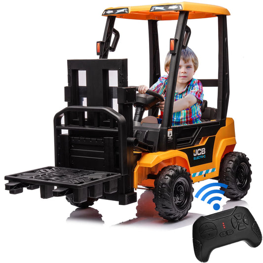JCB Forklift Toy, 12V Powered Ride On Construction Car for Kids with Remote Control, Liftable Fork and Pallet, 2 Speeds, Music, Storage Trunk, Tent for Kids Ages 4-8 Electric Car