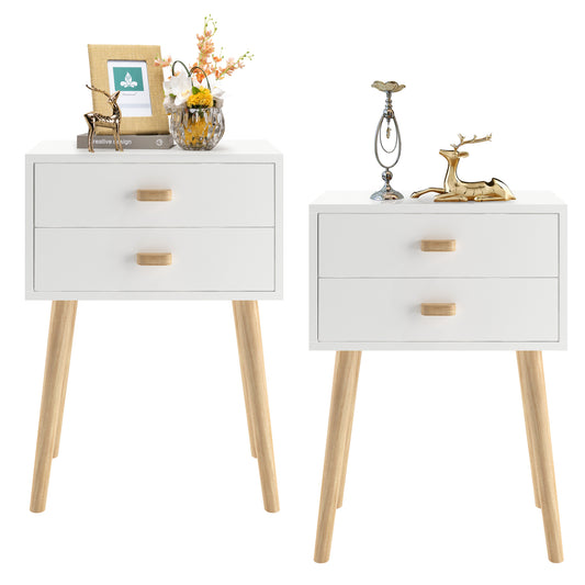 Nightstand Set of 2 with Drawers, Modern Night Stand, Bedside Table with Solid Wood Legs, Nightstands, Simple Assembly, End Tables for Bedroom, Living Room, Office, White