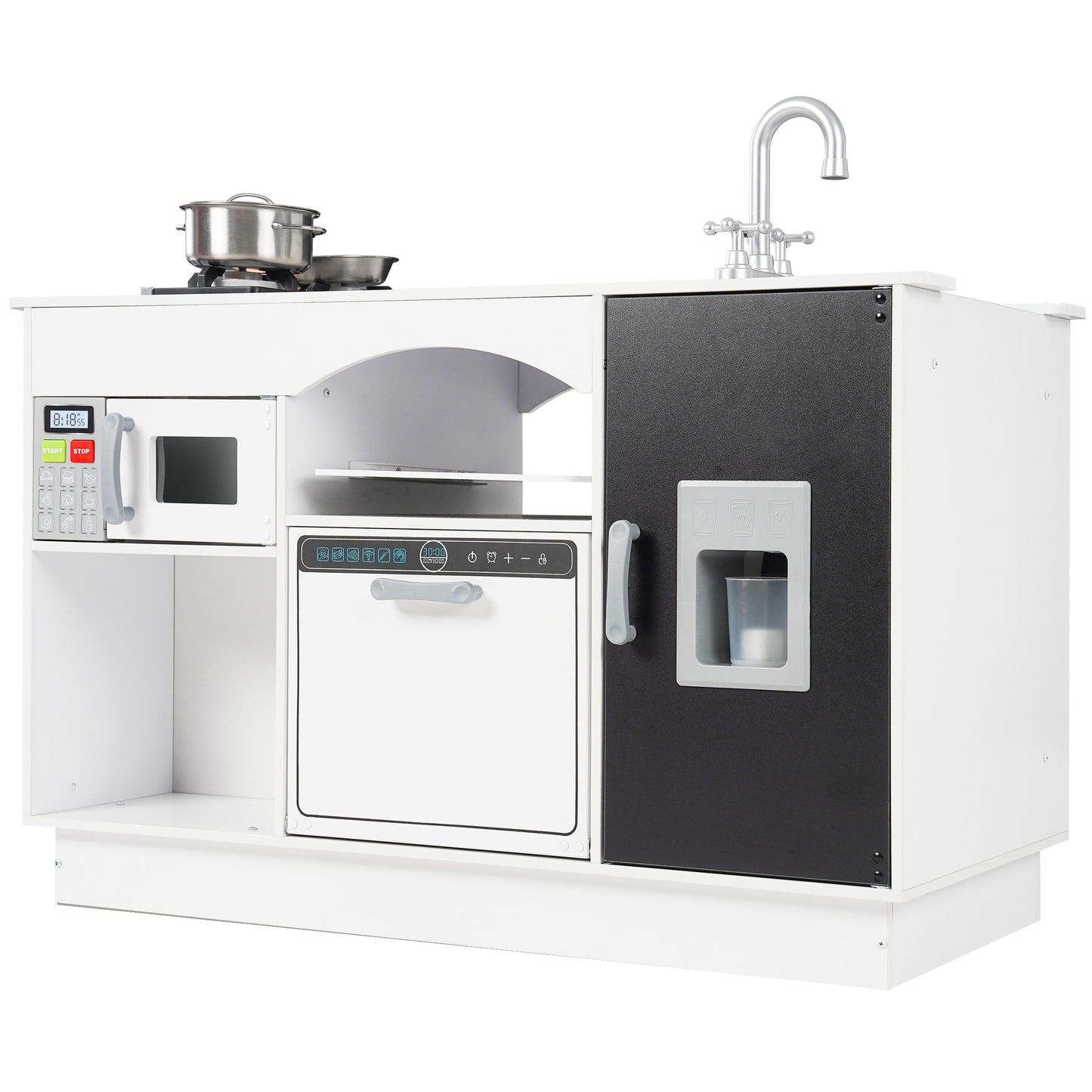 Kids Kitchen Playset, Wooden Play Kitchen Toys w/ Real Lights & Sounds Chef Pretend Play Set for Toddlers, Baby Kitchen w/ Washer, Ice Maker, Oven, Microwave, Kitchen Accessories, Cooking Toys, White