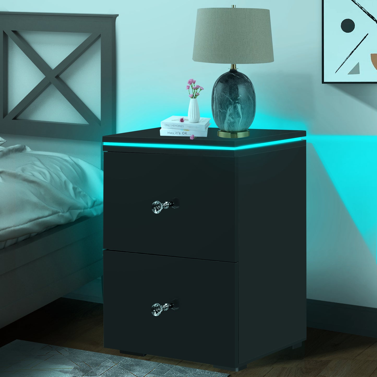 2 Set of Nightstands for Living Room, CASEMIOL Bedside End Table with LED Lights, Storage Side Table with 2 Drawers, High Gloss Wooden Sofa Side Table for Modern Bedroom, Black