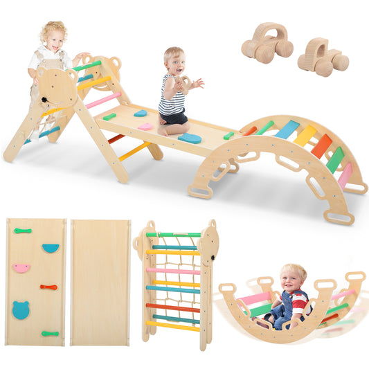 CASEMIOL Pikler Triangle Set, 7in1 Toddler Climbing Toys Indoor, Indoor Jungle Gym, Baby Montessori Wooden Play Gym with Arch& Ramp& Ladder - Rainbow