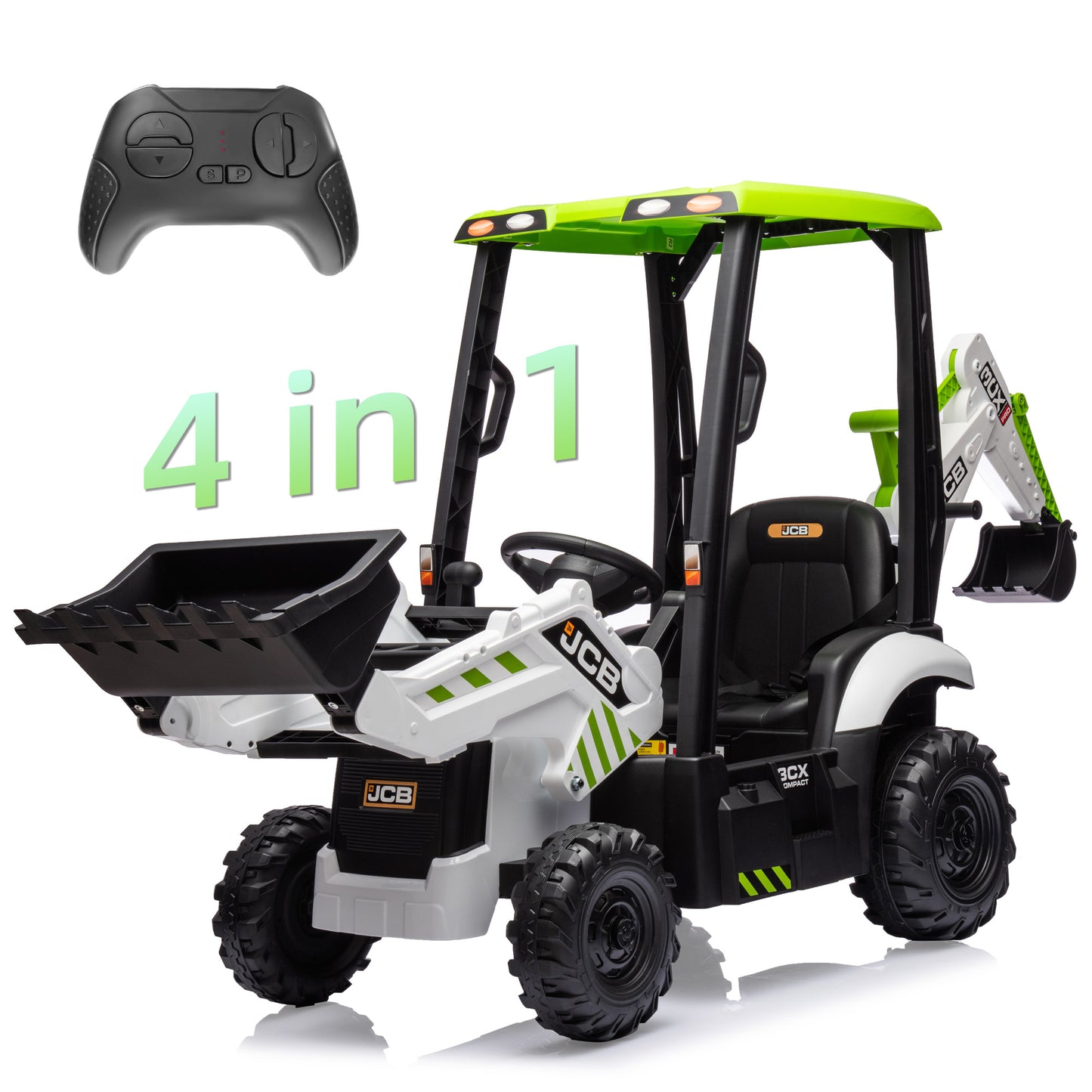 JCB Excavator Ride On & Bulldozer, 12V Battery Powered Construction Vehicles for Kids with Remote Control and Front Loader, Music Player, Backhoe Loader Ride-On Large Digger Yellow