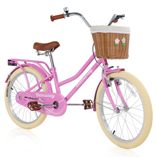 Kids Bike for Girls Ages 7-10 Years - 20" Children's Bicycle, leather Seat & Handlebars, Basket, Front Hand Brakes, Rear Coaster Brake & Safety Bell, Purple