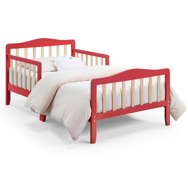 Toddler Bed Coral/Natural, Sesslife Wood Toddler Bed frame for Boys Girls, Platform Bed with Safety Side Rails, Headboard, Kids Bed No Box Spring Needed, Modern Toddler Furniture for Toddler Room