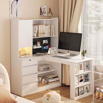 2-in-1 L Shaped Computer Desk with Storage Drawers, Large Home Office Desks with Bookshelf & Hutch & Pegboard, Modern Office Table with Outlet, Work Desk Study Desk for Home Office