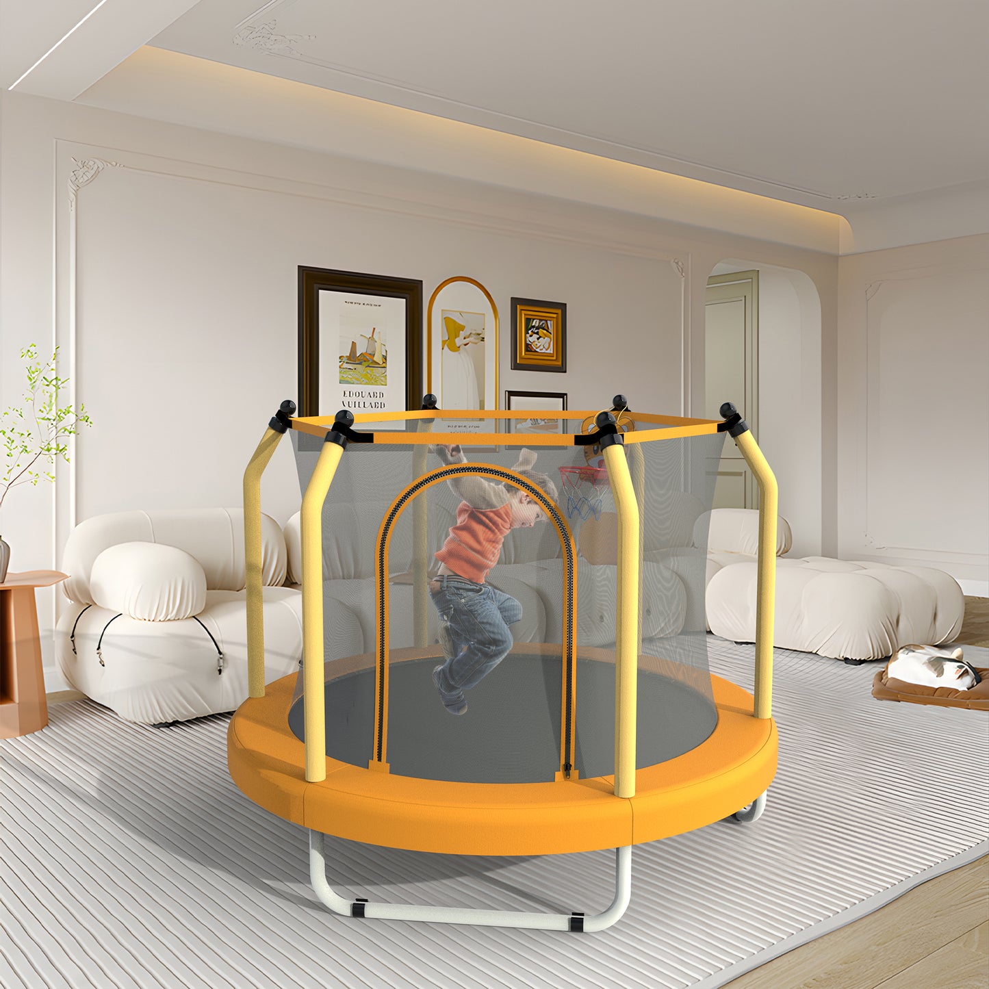 55" Toddler Trampoline with Safety Enclosure Net, Trampoline Indoor & Outdoor, Mini Trampoline for kids 1-8 with Basketball Hoop, Ball and Thick Foam Protection, Birthday Gifts for Boys&Girls