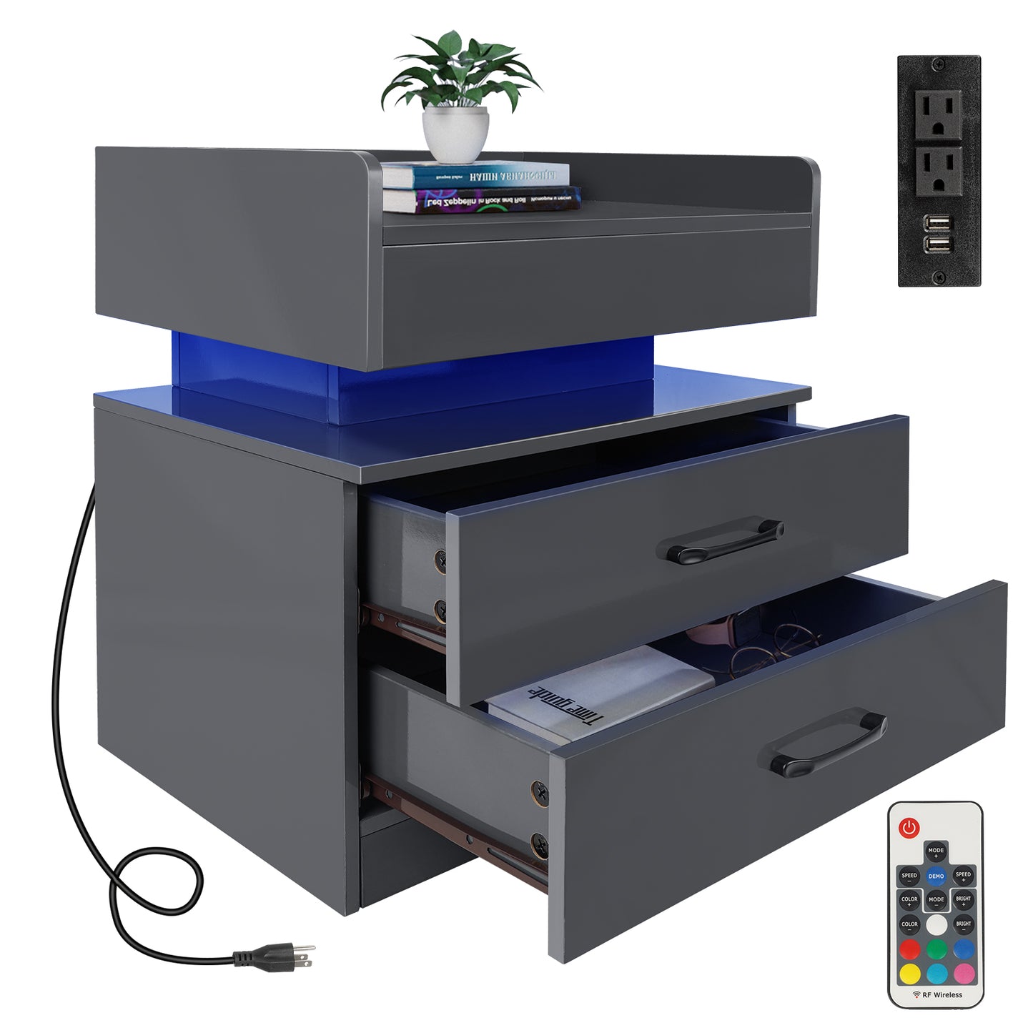 Nightstand with Drawers, Modern Night Stand with Adjustable LED Strip Light, Bedside Table with Charging Station, Nightstands, Simple Assembly, End Tables for Bedroom, Living Room, Office