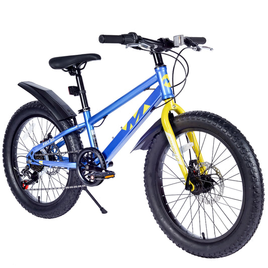 20 Inch Kids Bike, Kids' Bicycles with Double Disc Brakes, Shimano 7-Speed Kids Mountain Bike with Fat Tires, Kids Bicycle with Adjustable Seat, Girls Bike Boys Bike for Age 5 + Years