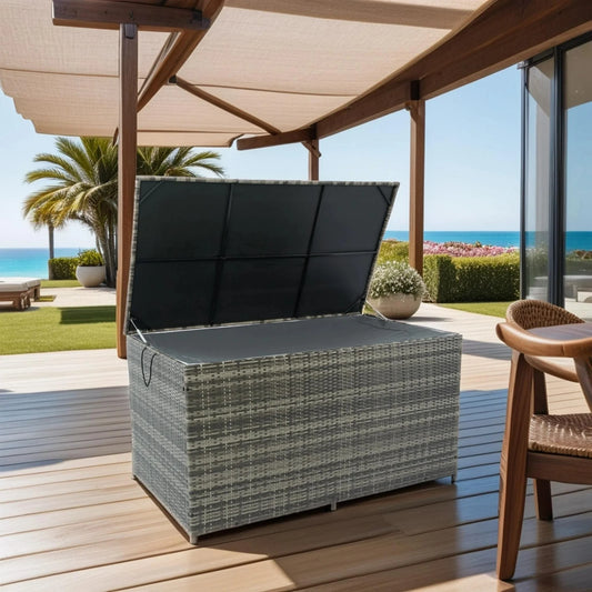 200 Gallon Patio Deck Box, Outdoor Wicker Deck Storage Bench with Hinged Lid, Weatherproof Outdoor Storage Box Organization and Storage for Garden Tools Pool Supplies Patio Cushions Kids Toys, Gray