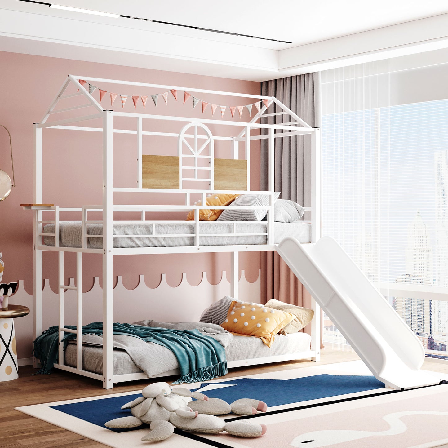 CASEMIOL House Bunk Bed with Slide, Twin Over Twin Metal Bunk Bed with Safety Guardrails and Roof Design for Kids, Teens, Girls, Boys, No Box Spring Required
