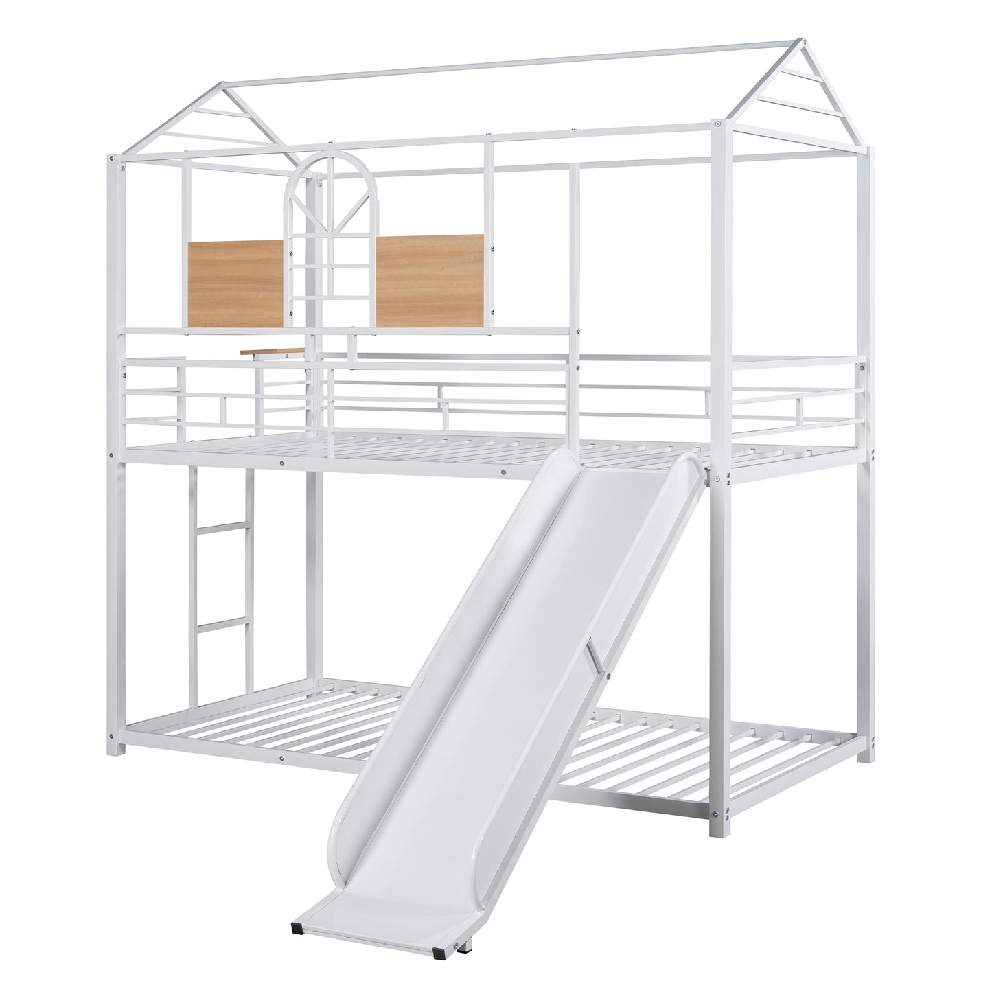 CASEMIOL House Bunk Bed with Slide, Twin Over Twin Metal Bunk Bed with Safety Guardrails and Roof Design for Kids, Teens, Girls, Boys, No Box Spring Required