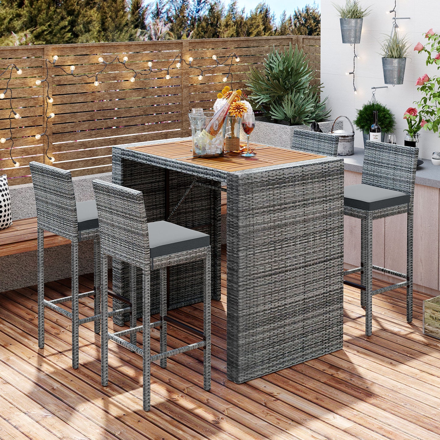5 Pieces Patio Furniture Set, Outdoor Wicker Furniture Bar Set with Wood Table Top and 4 Chairs, Non-Slip Feet, Fixed Rope, Removable Cushion, Conversation Set for Garden, Backyard