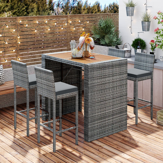 5 Pieces Patio Furniture Set, Outdoor Wicker Furniture Bar Set with Wood Table Top and 4 Chairs, Non-Slip Feet, Fixed Rope, Removable Cushion, Conversation Set for Garden, Backyard