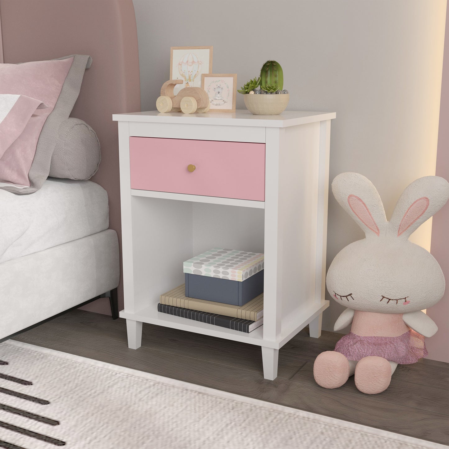 Wooden Nightstand for Bedroom, CASEMIOL Pink Modern End Table for Kids or Adults with Drawer and Shelf Bedside Tables Living Room Furniture