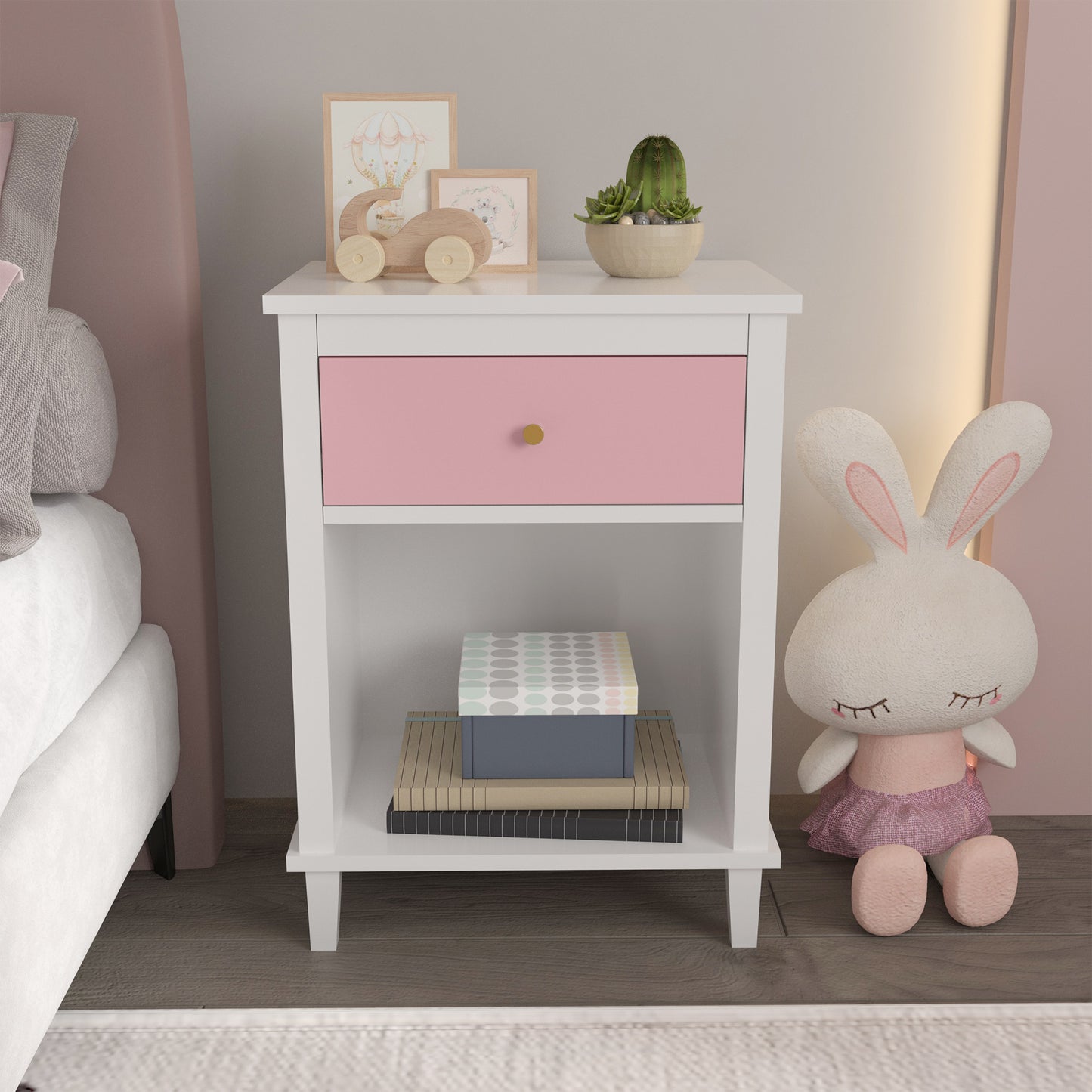 Wooden Nightstand for Bedroom, CASEMIOL Pink Modern End Table for Kids or Adults with Drawer and Shelf Bedside Tables Living Room Furniture