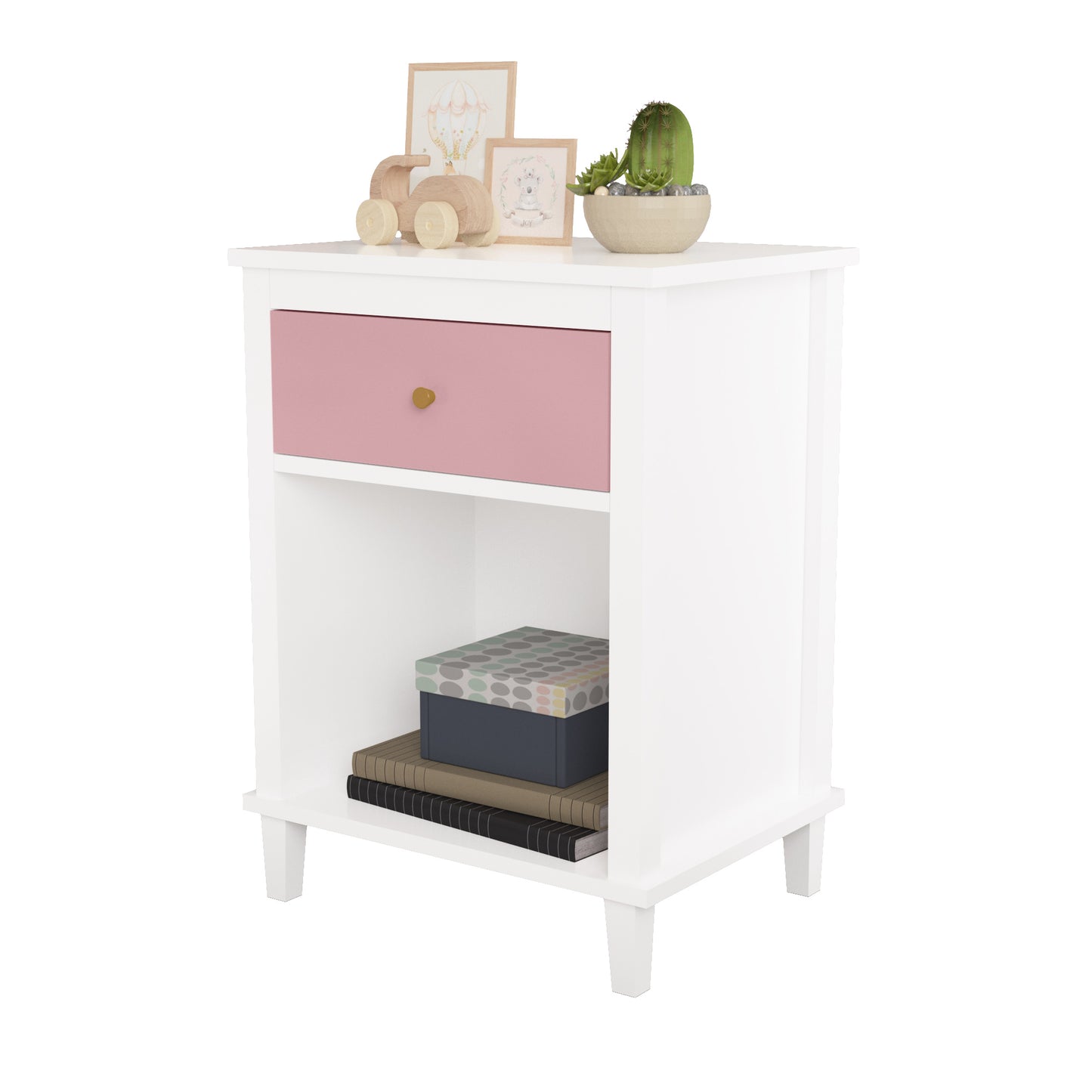 Wooden Nightstand for Bedroom, CASEMIOL Pink Modern End Table for Kids or Adults with Drawer and Shelf Bedside Tables Living Room Furniture