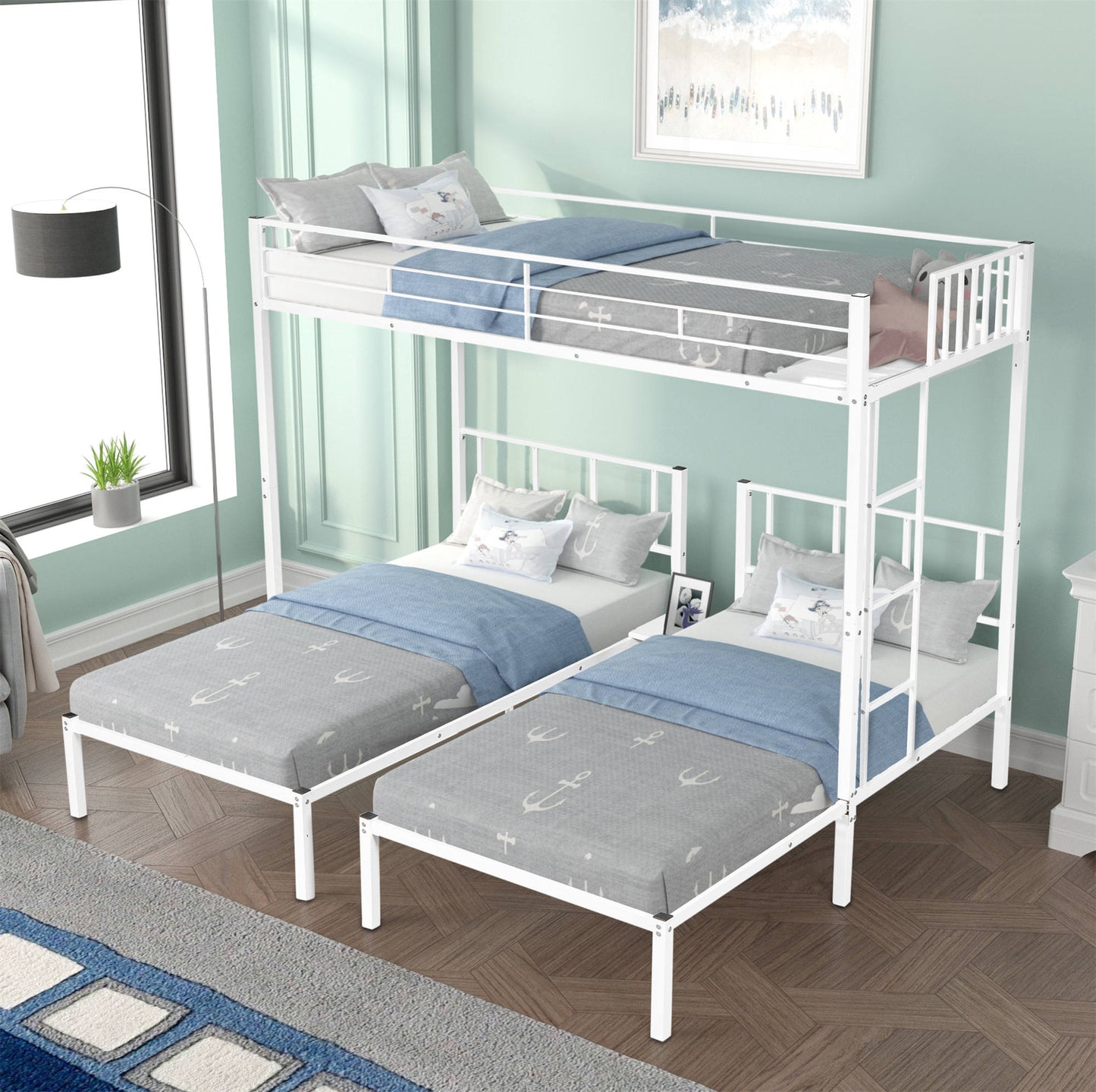 CASEMIOL Metal Twin Triple Bunk Bed for 3 Kids with Guardrail Ladder, Twin Over Twin Over Twin Bunk Beds, Separates Into 3 Twin Beds, Noise Reduced Structure,