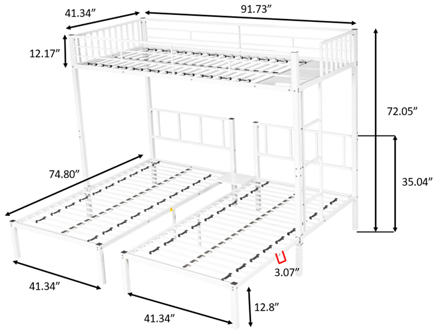 CASEMIOL Metal Twin Triple Bunk Bed for 3 Kids with Guardrail Ladder, Twin Over Twin Over Twin Bunk Beds, Separates Into 3 Twin Beds, Noise Reduced Structure,
