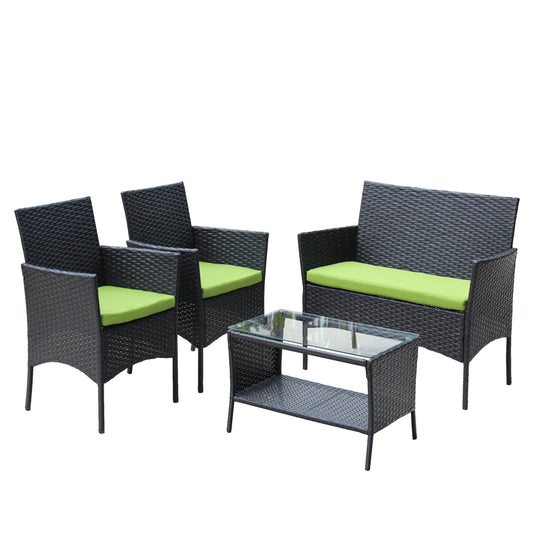 4 Pieces Patio Furniture Set, Outdoor Furniture with Cushioned Rattan Chair Wicker Sofa, Conversation Set with Table for Backyard, Poolside, Porch, Green