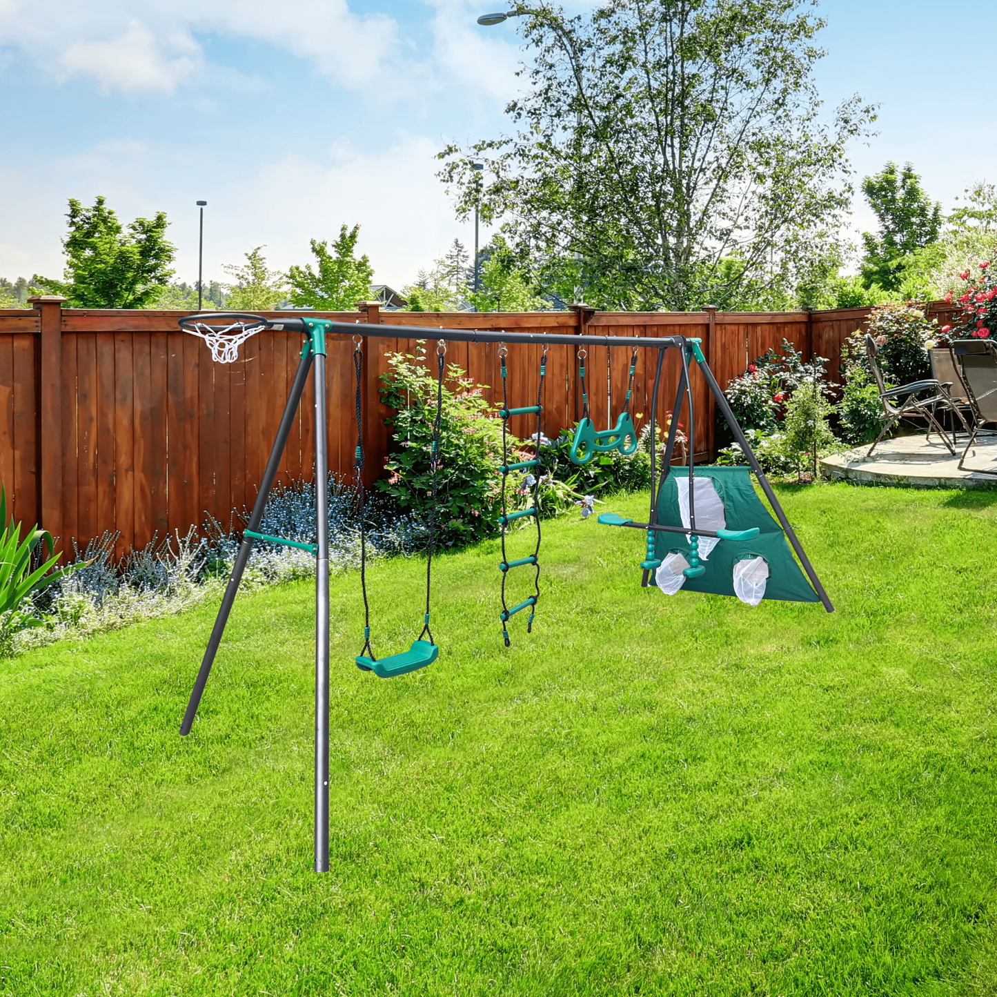 BTMWAY Swing Sets for Backyard, 550lbs Swing Set for 3+ Kids, Outdoor Playset with Basketball Hoop, Soccer net, 1 Wooden Ladder, 1 Tennis Ball Target for Playground, Green