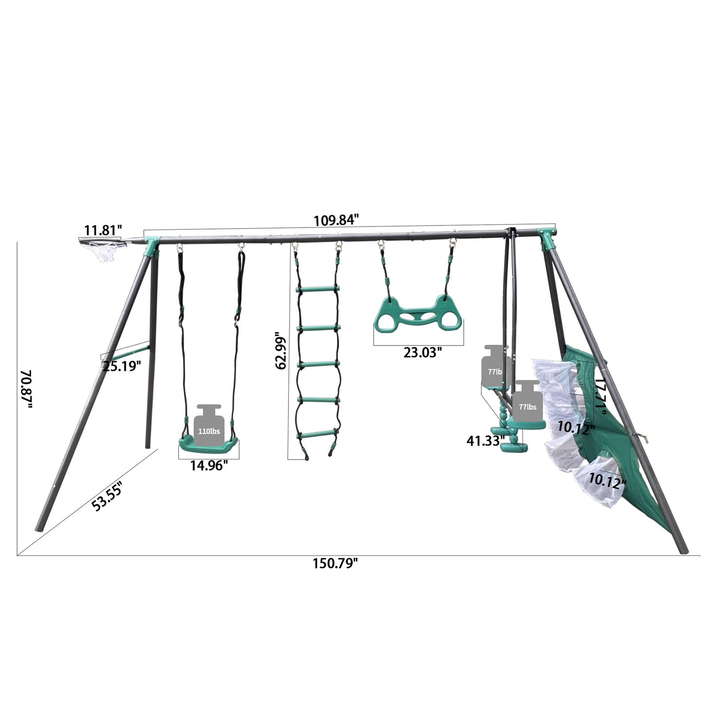 BTMWAY Swing Sets for Backyard, 550lbs Swing Set for 3+ Kids, Outdoor Playset with Basketball Hoop, Soccer net, 1 Wooden Ladder, 1 Tennis Ball Target for Playground, Green