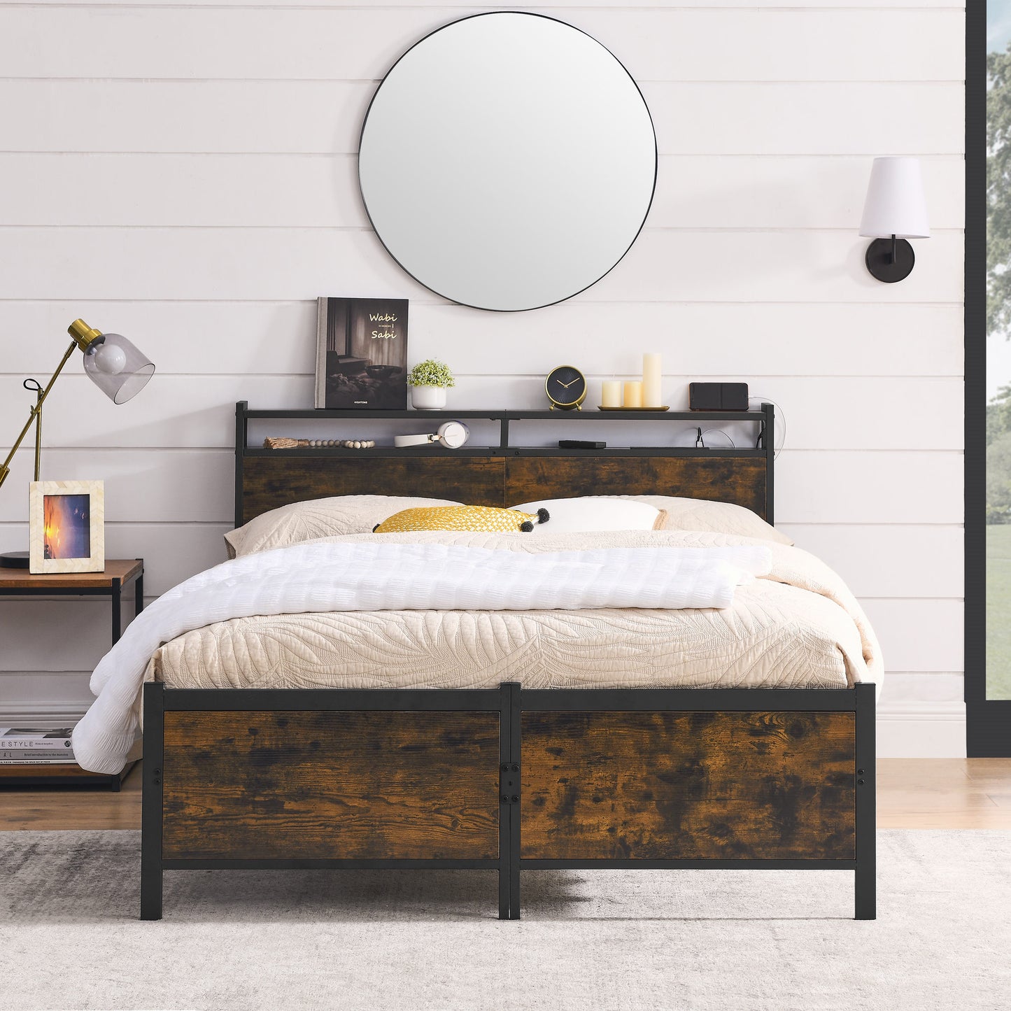 Queen Bed Frame with 2-Tier Storage Headboard, Metal Platform Bed Frame w/Under Bed Storage, Built in Charging Station & LED Lights, No Box Spring Needed, Headboard, Black