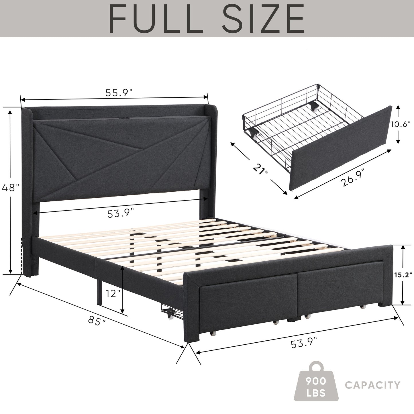 CASEMIOL Platform Bed Frame, Full-Size Bed Frame with Headboard, Storage and Charging Station, Noise-Free, No Box Spring Needed, 55.9"W Bedroom Modern Bed Frame Holds 1000 Pounds