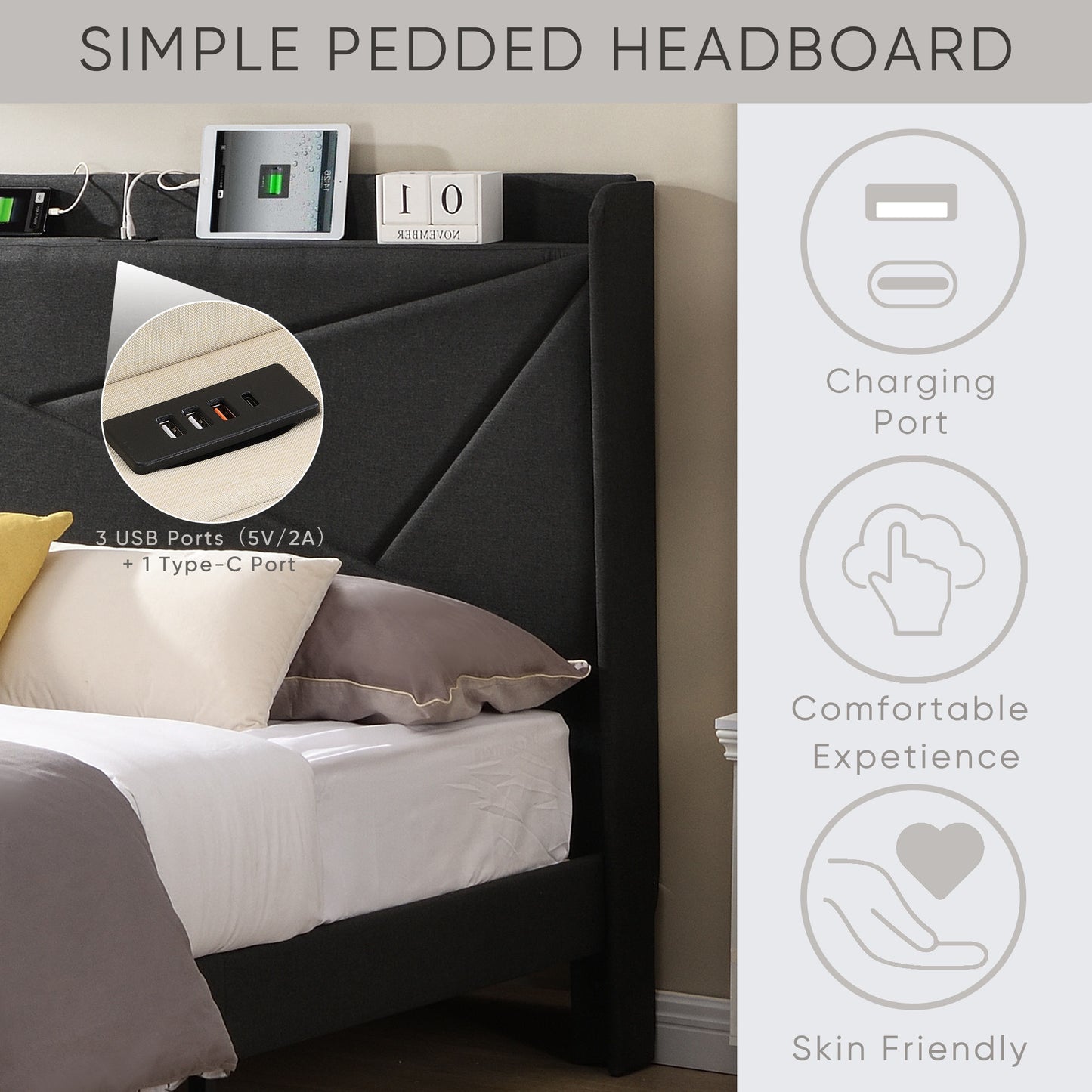 CASEMIOL Platform Bed Frame, Full-Size Bed Frame with Headboard, Storage and Charging Station, Noise-Free, No Box Spring Needed, 55.9"W Bedroom Modern Bed Frame Holds 1000 Pounds