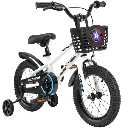 Kids' Bicycles 16 inch, Children Bike for Boys Girls Age 4-8 Years with Training Wheels, Basket and Fender- White