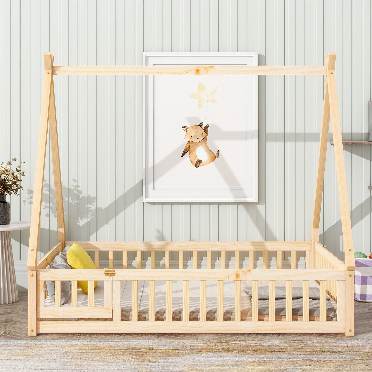 Twin Size Toddler Floor Bed Frame with Safety Guardrails and Door and Slats, Wood Montessor