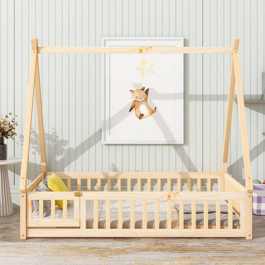 Twin Size Toddler Floor Bed Frame with Safety Guardrails and Door and Slats, Wood Montessor