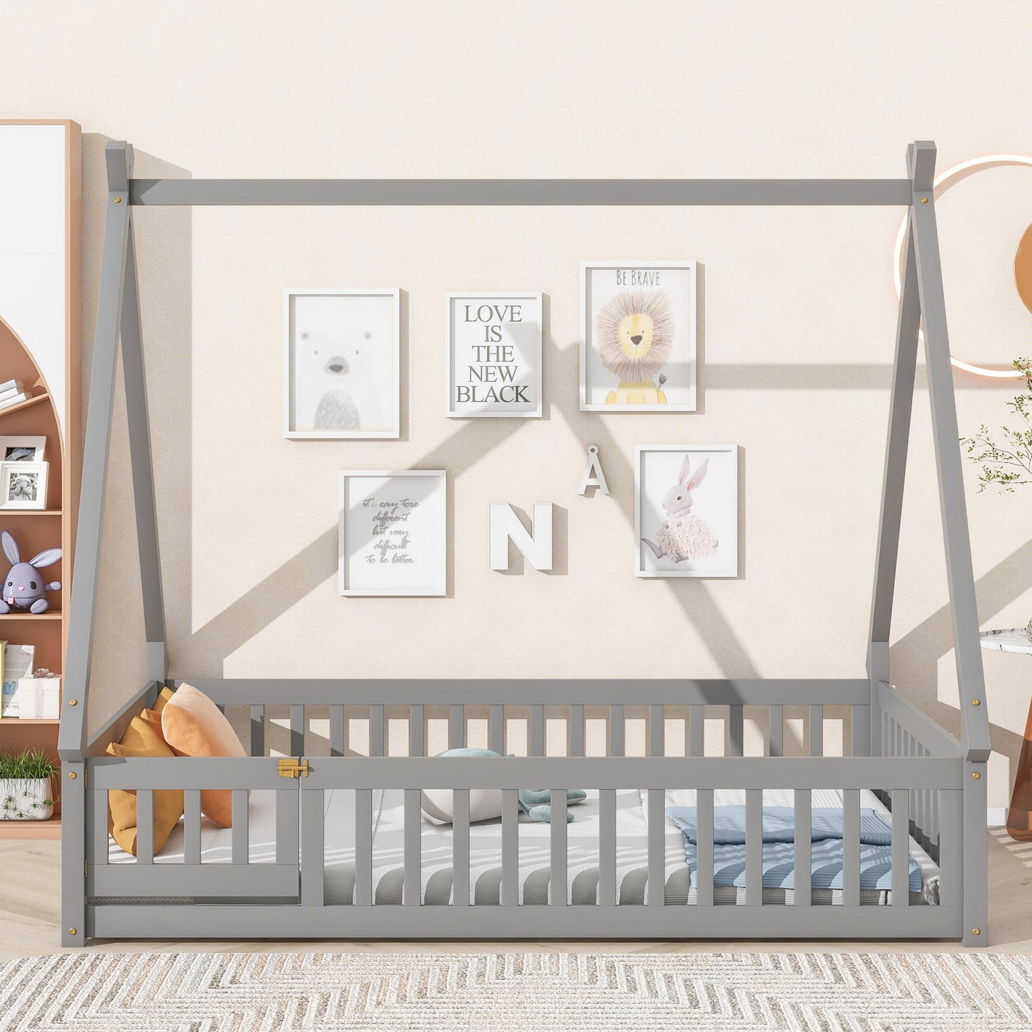 Twin Size Toddler Floor Bed Frame with Safety Guardrails and Door and Slats, Wood Montessor