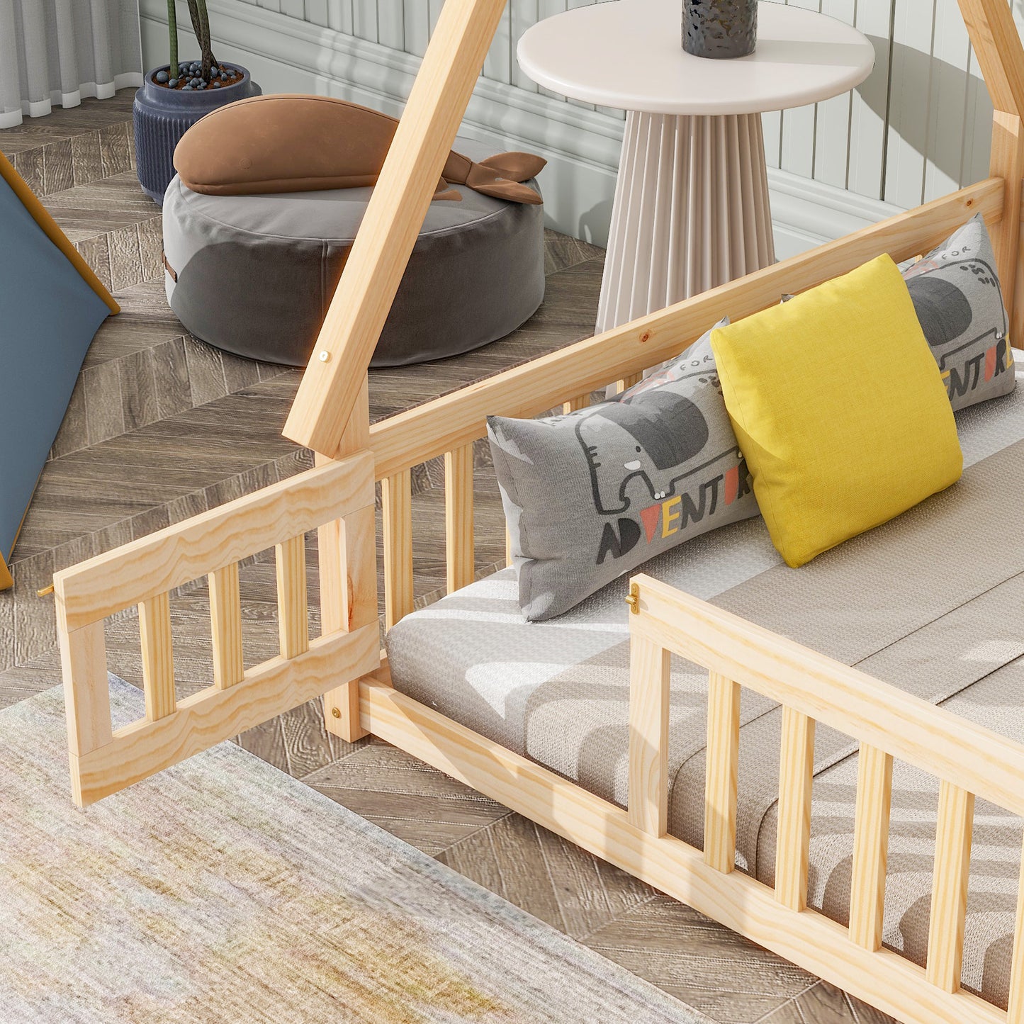 Twin Size Toddler Floor Bed Frame with Safety Guardrails and Door and Slats, Wood Montessor