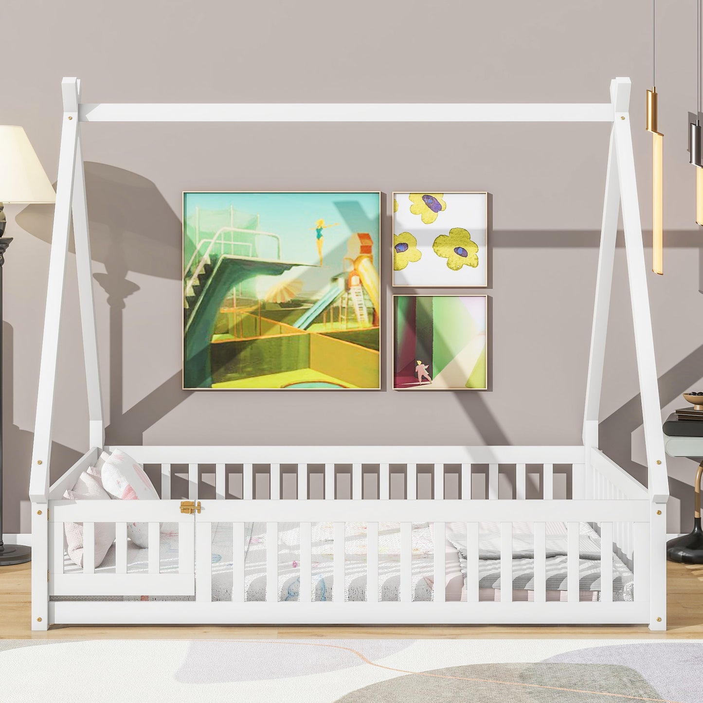 Twin Size Toddler Floor Bed Frame with Safety Guardrails and Door and Slats, Wood Montessor