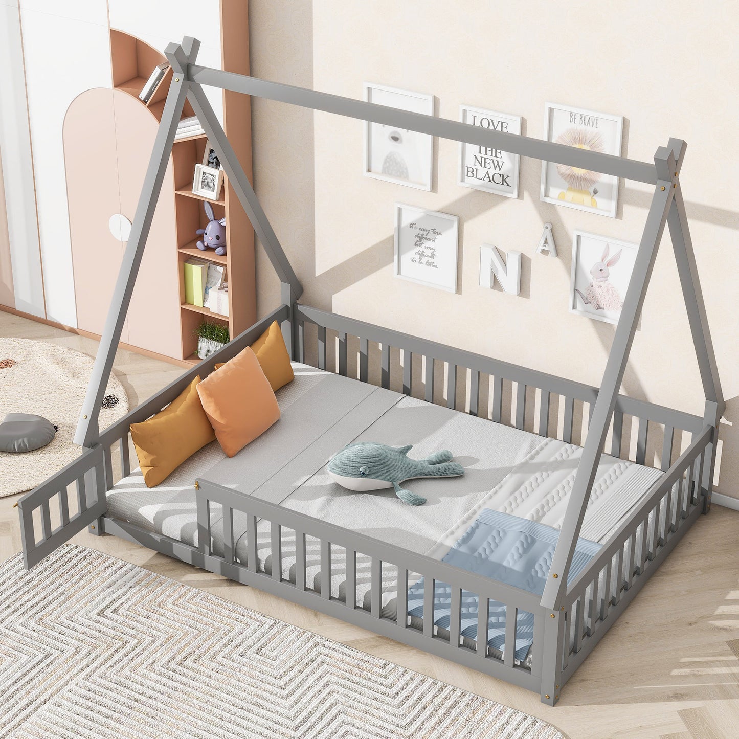 Twin Size Toddler Floor Bed Frame with Safety Guardrails and Door and Slats, Wood Montessor