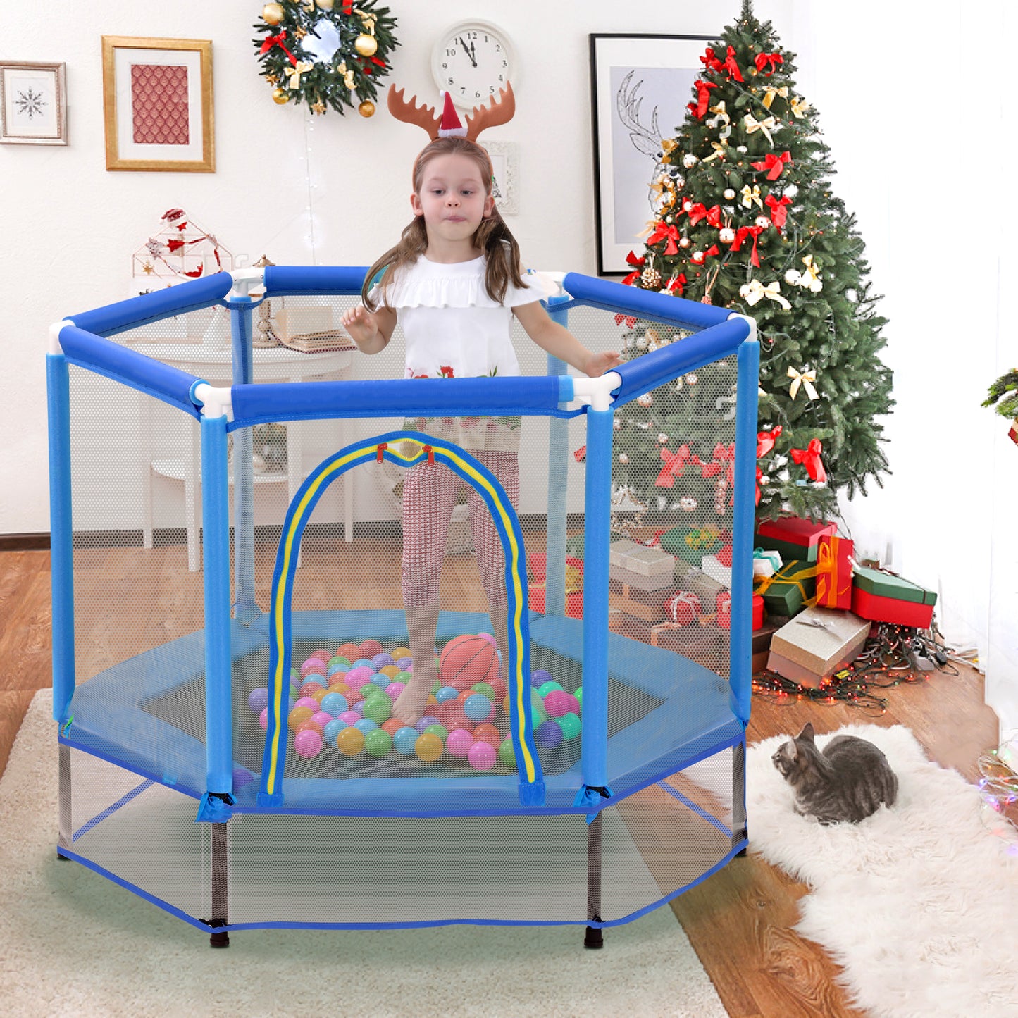 55'' Mini Trampoline for Kids with Enclosure Net & Balls, CASEMIOL Small Round Toddler Trampoline forI ndoor Outdoor, Perfect Trampoline Gift for Boys Girls, Blue