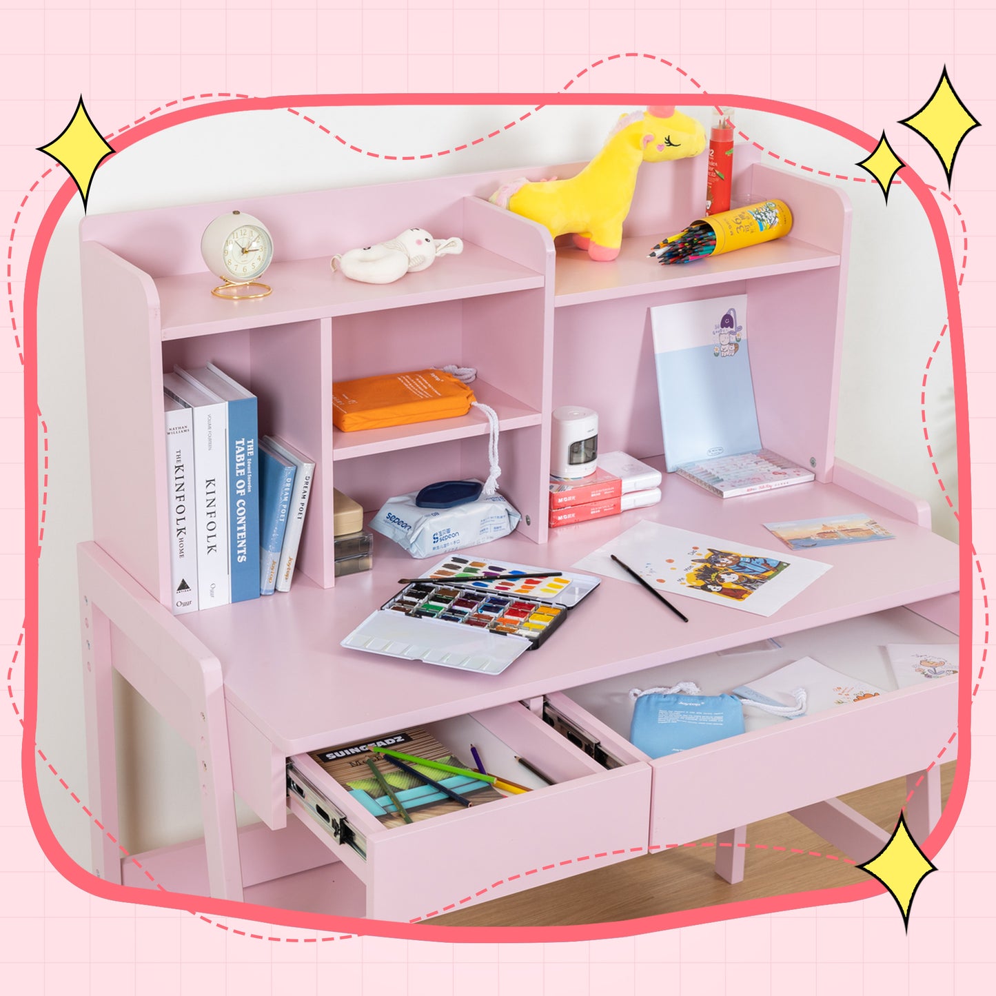 Kids Desk and Chair Set, Pink Wooden Study Desk for Kids with Drawers, Student Writing Desk Computer Workstation for Bedroom & Study Room for Ages 5-12 Boy and Girl