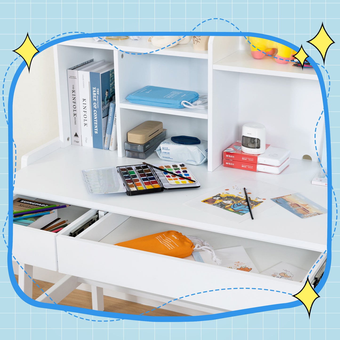 Kids Desk and Chair Set, Pink Wooden Study Desk for Kids with Drawers, Student Writing Desk Computer Workstation for Bedroom & Study Room for Ages 5-12 Boy and Girl