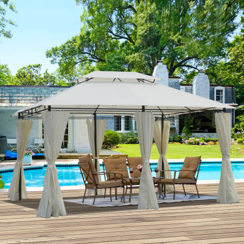 13x10FT Outdoor Patio Gazebo Canopy Tent with Detachable Mosquito Net, Metal Soft Top Gazebos, Waterproof Outdoor Pergolaw for Lawn, Garden, Backyard and Deck, Beige