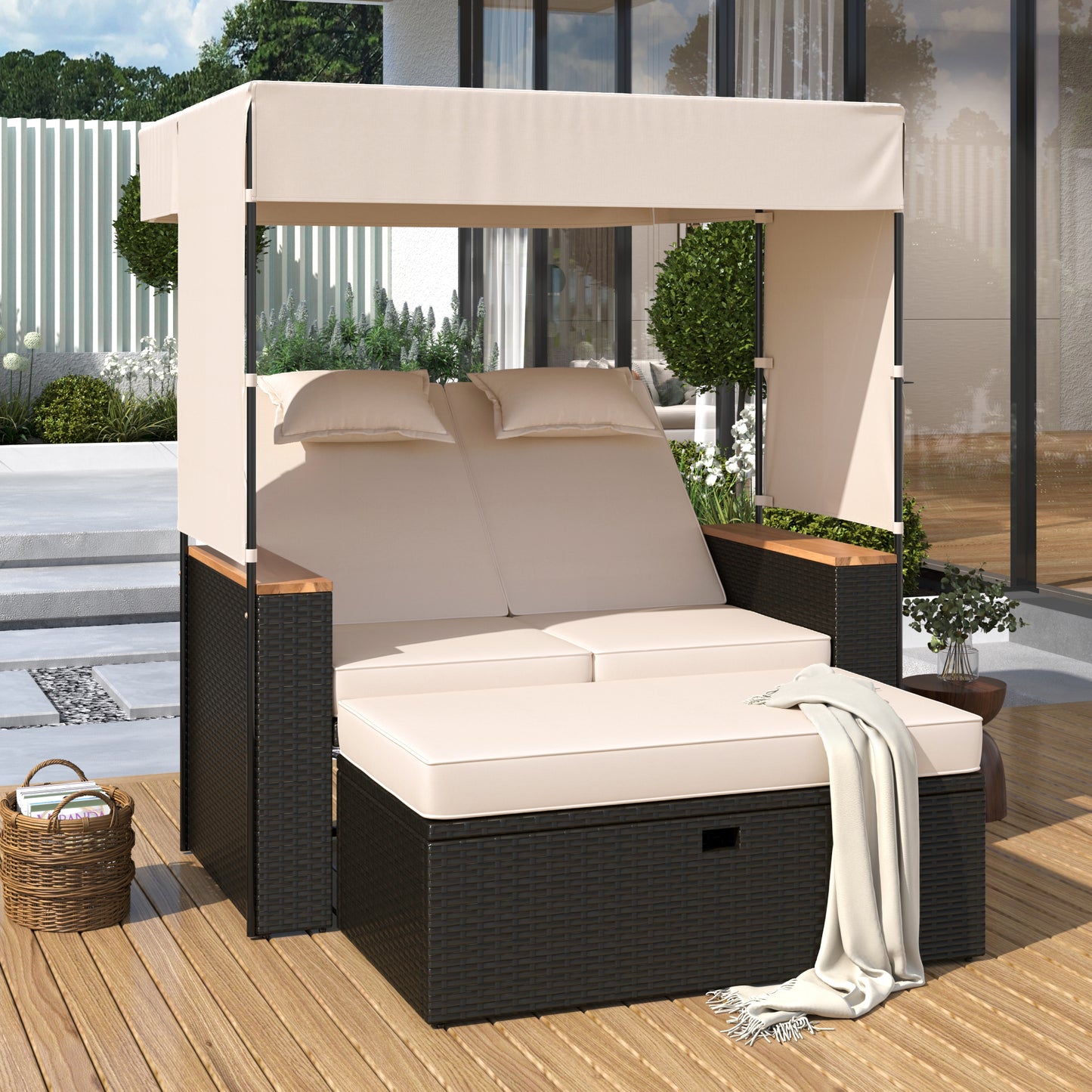 CASEMIOL 2 Piece Outdoor Patio Furniture Set, PE Rattan Chaise Lounge Chair with Canopy, Pool Lounger with UV Protection, Waterproof and Adjustable for Garden, Backyard and Porch, Beige