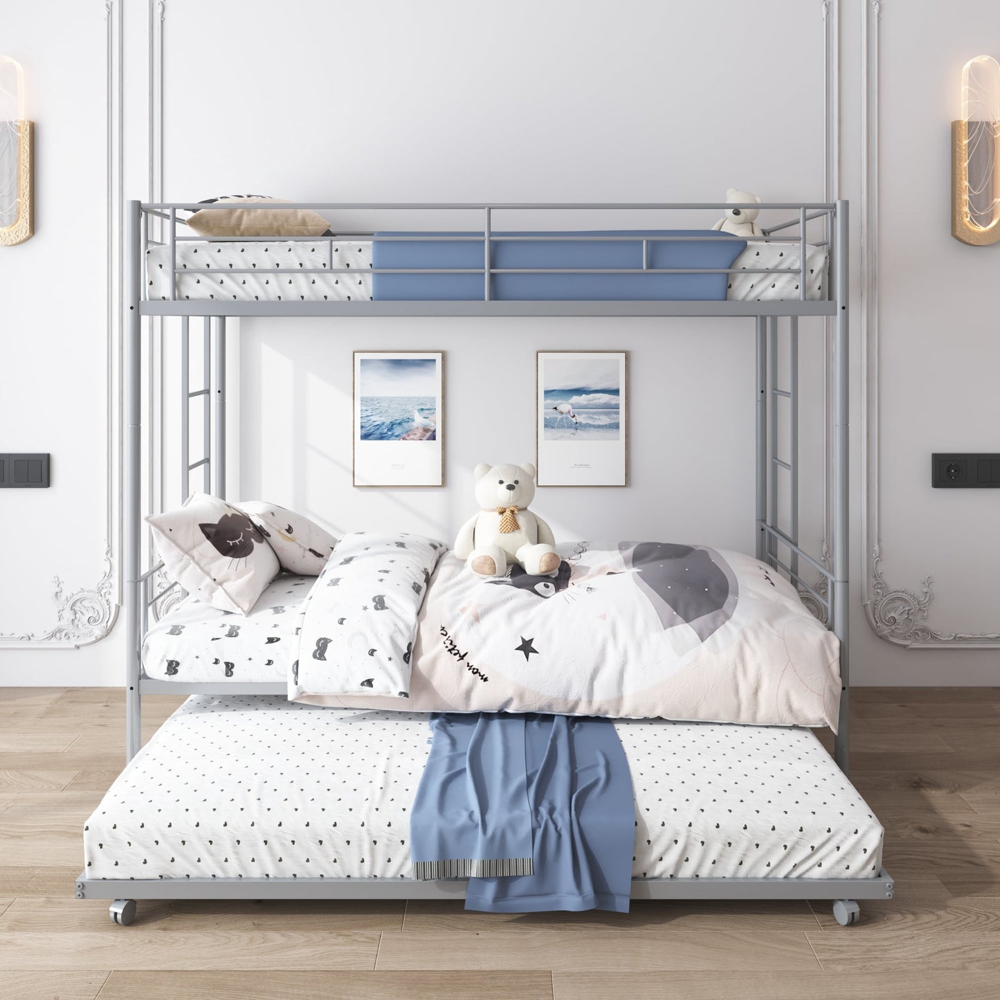 CASEMIOL Twin over Twin Metal Bunk Bed with Trundle, Bunk Bed Frame with 2 Ladders and Full-guardrail, Can Be Divided Into 3 Twin Beds, No Box Spring Need, for Adults Teens Kids, Silver