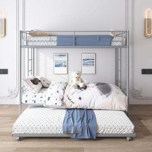 CASEMIOL Twin over Twin Metal Bunk Bed with Trundle, Bunk Bed Frame with 2 Ladders and Full-guardrail, Can Be Divided Into 3 Twin Beds, No Box Spring Need, for Adults Teens Kids, Silver