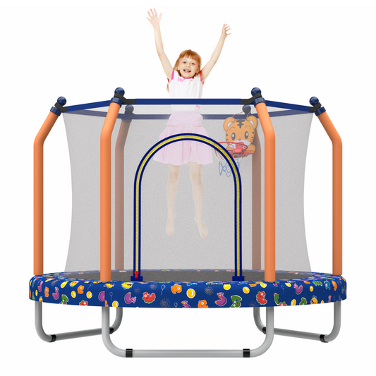 55'' Mini Trampoline for Kids with Enclosure Net & Basketball Hoop, CASEMIOL Small Round Toddler Trampoline for Indoor Outdoor Play, Perfect Trampoline Gift for Boys Girls, Orange