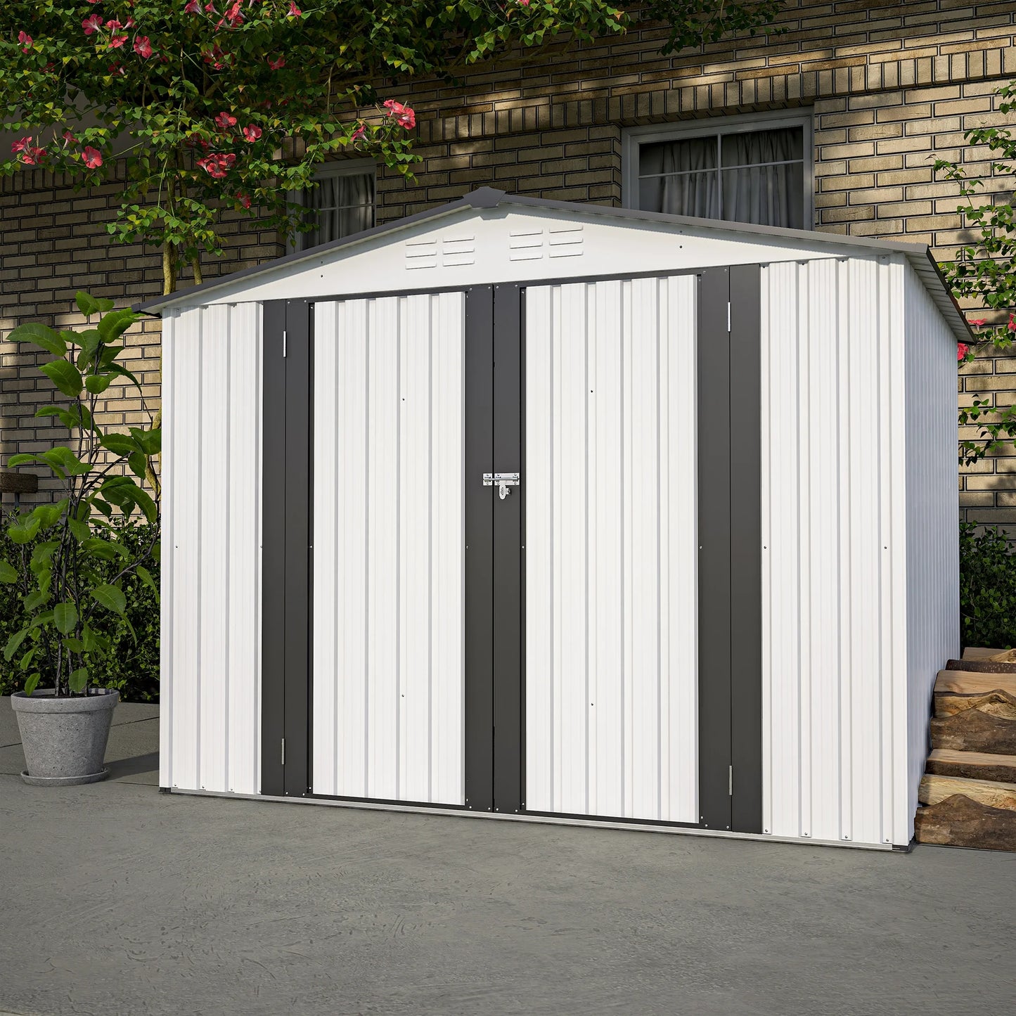 8 x 6 ft Outdoor Storage Shed, Metal Garden Storage Shed with Lockable Door and Sturdy Frame, All Weather Outdoor Garden Tool Shed with 4 Vents, Outside Storage Sheds for Backyard Patio Lawn, White