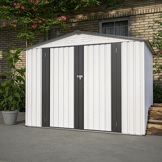 8 x 6 ft Outdoor Storage Shed, Metal Garden Storage Shed with Lockable Door and Sturdy Frame, All Weather Outdoor Garden Tool Shed with 4 Vents, Outside Storage Sheds for Backyard Patio Lawn, White