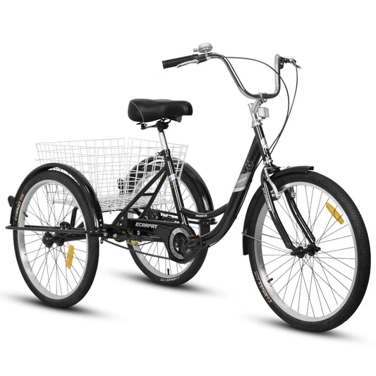 24" Adult Tricycle, Tricycle For Adults With Manual Parking Brake, 3 Wheel Bikes For Adults With Adjustable Seat, 3 Wheeled Bicycles With Basket, Adult Tricycles For Seniors Women Men