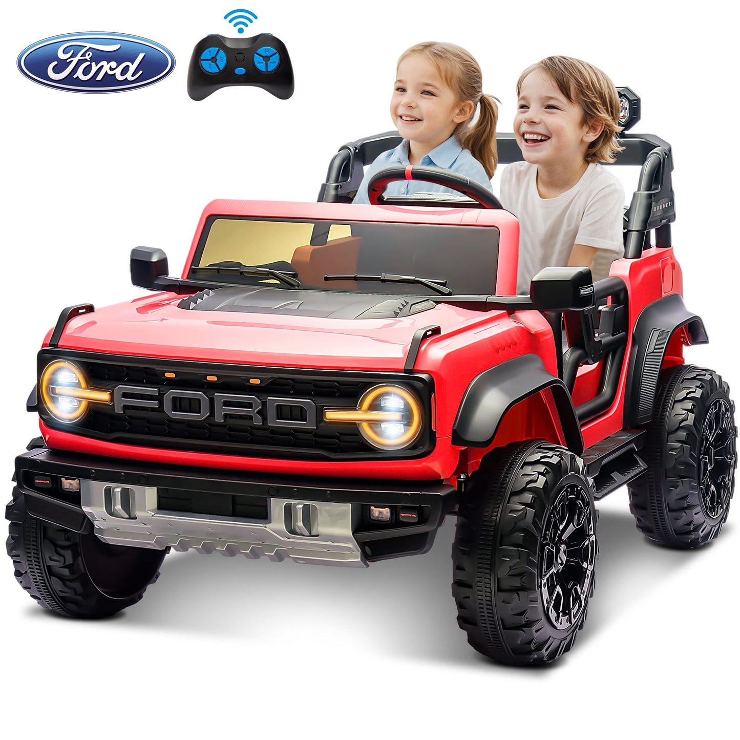 24V 2-Seater Kids Ride on Toys Car with Remote Control, Licensed Ford Bronco Raptor Electric Powered Car for Kids with Spring Suspension, LED Lights, Bluetooth, Gifts for Boy & Girl, Black