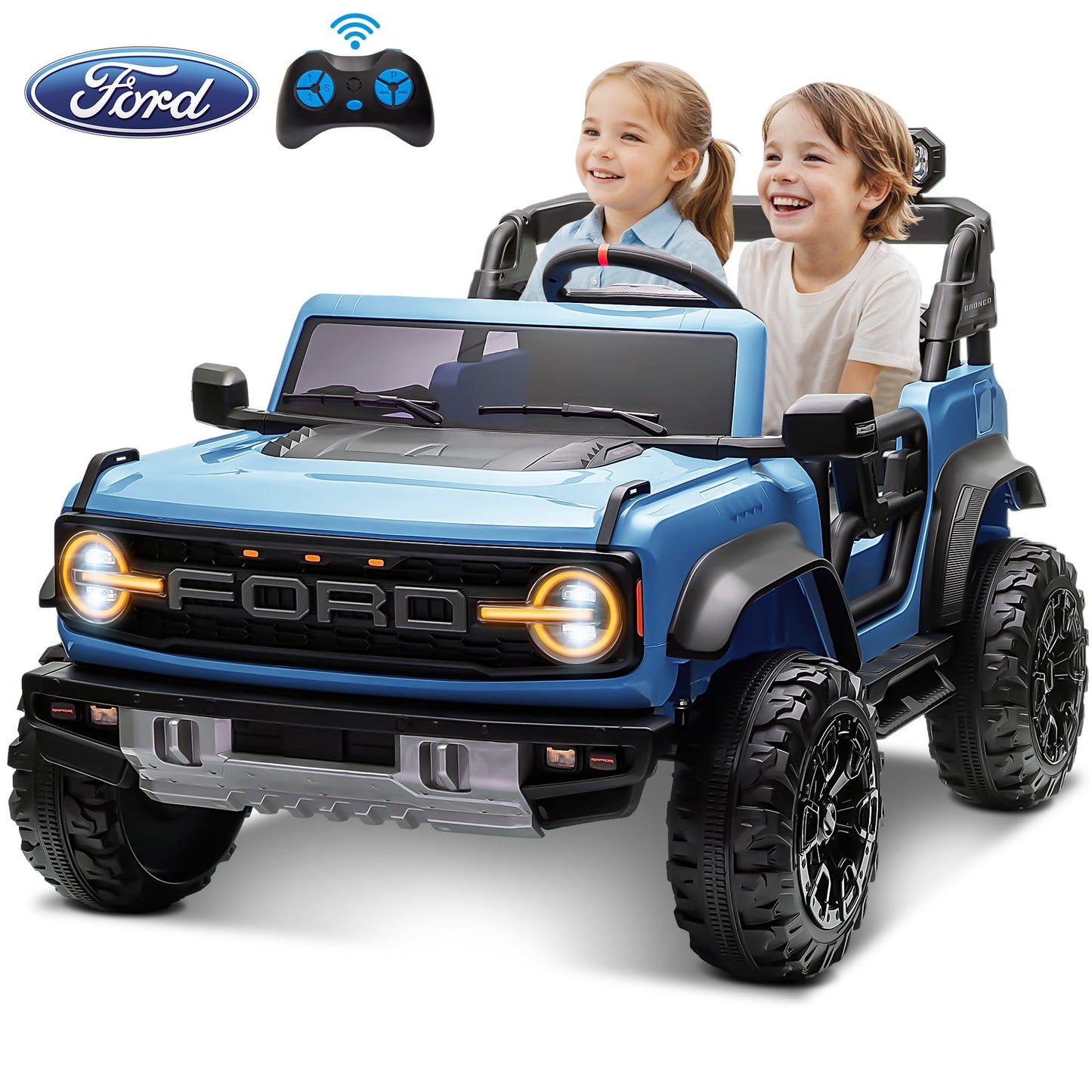 24V 2-Seater Kids Ride on Toys Car with Remote Control, Licensed Ford Bronco Raptor Electric Powered Car for Kids with Spring Suspension, LED Lights, Bluetooth, Gifts for Boy & Girl, Black